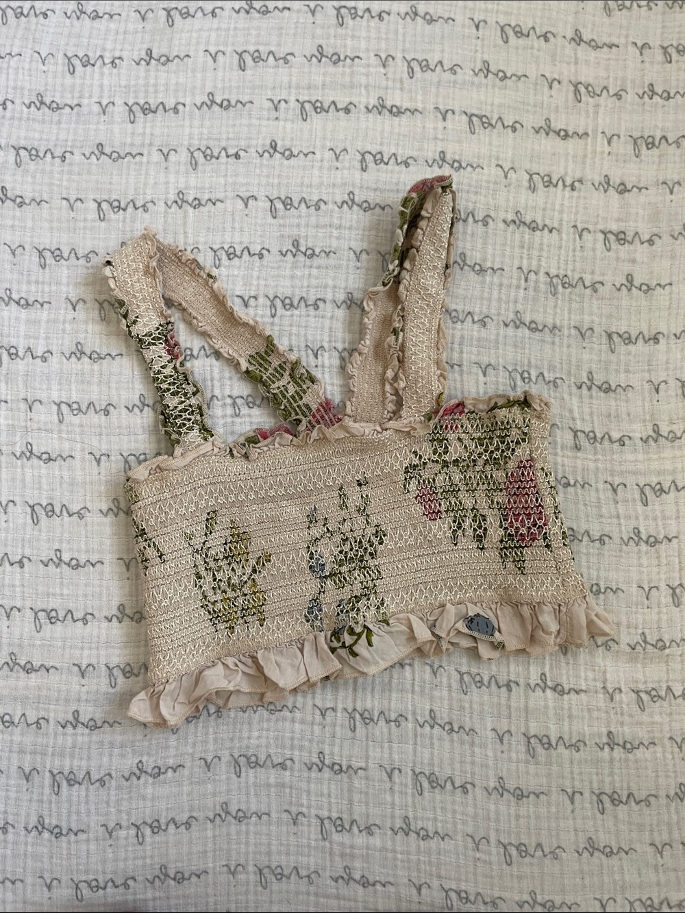 Out From Under by Urban Outfitters Cream Smocked Floral Ruffle Tank Top